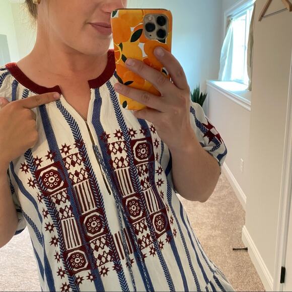 FIGUE Red White Blue Embroidered Puff Sleeve Mini Dress Medium M - Picture 8 of 14